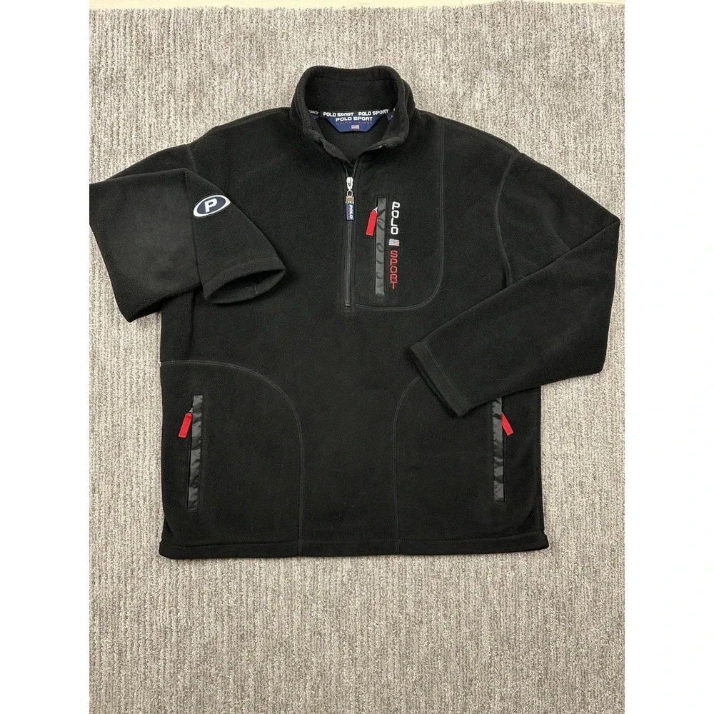 Vintage Polo Sport Ralph Lauren Quarter Zip Fleece Black Mens Large Made In USA